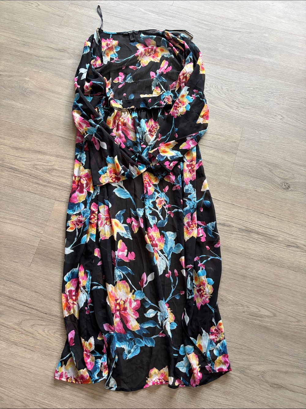 Forever 21 Black Floral Long Cardigan with Pink, Yellow & Blue Flowers